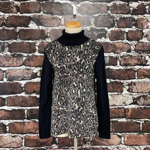 Griffen Sweater Cashmere Turtleneck Black Leopard Print Size Medium - Picture 1 of 9